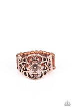 Load image into Gallery viewer, Glistening copper filigree blooms from a shimmery floral center, creating a whimsical band across the finger. Features a stretchy band for a flexible fit.  Sold as one individual ring.
