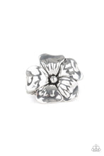 Load image into Gallery viewer, Brushed in an antiqued shimmer, glistening silver petals fold into a tropical inspired flower atop the finger for a seasonal flair. Features a stretchy band for a flexible fit.  Sold as one individual ring.