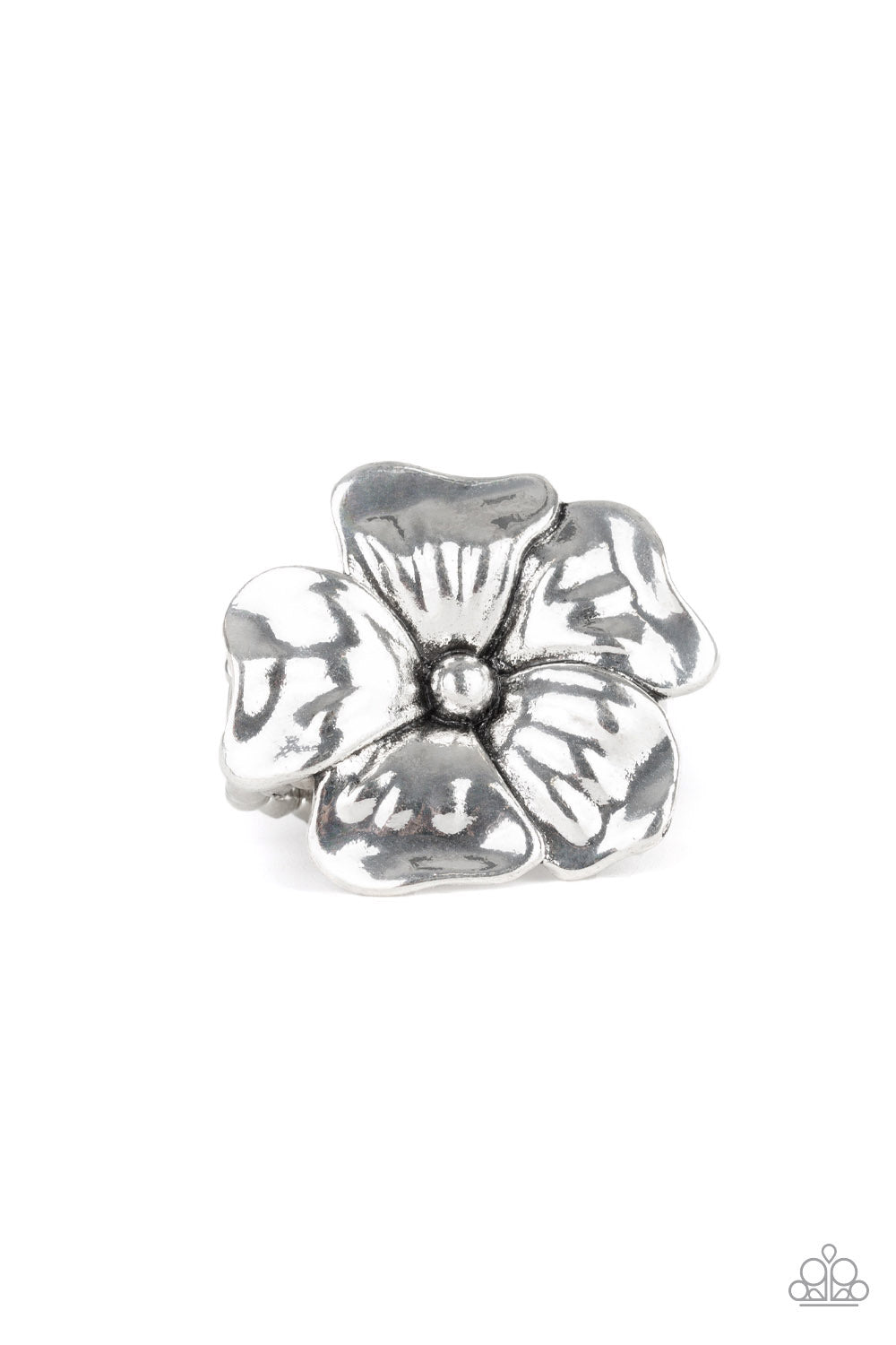 Brushed in an antiqued shimmer, glistening silver petals fold into a tropical inspired flower atop the finger for a seasonal flair. Features a stretchy band for a flexible fit.  Sold as one individual ring.