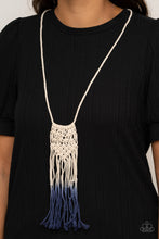 Load image into Gallery viewer, Gradually fading from white to Blue Depths, strands of twine-like cording delicately knot in braid into a decorative macramé inspired pendant across the chest. Features an adjustable sliding knot closure.  Sold as one individual necklace. Includes one pair of matching earrings.