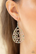 Load image into Gallery viewer, Dotted with dainty multicolored rhinestones, studded silver filigree vines across the front of a silver teardrop frame for an enchanting look. Earring attaches to a standard fishhook fitting.  Sold as one pair of earrings.