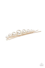 Load image into Gallery viewer, A bubbly collection of pearls dot the front of a classic gold bobby pin, creating an elegant centerpiece.  Sold as one individual decorative bobby pin.