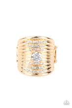 Load image into Gallery viewer, Ribbed with faux layered bands, a thick gold plate is encrusted in dainty white rhinestones. A solitaire white rhinestone embellishes the center, creating a sparkly statement piece atop the finger. Features a stretchy band for a flexible fit.  Sold as one individual ring.