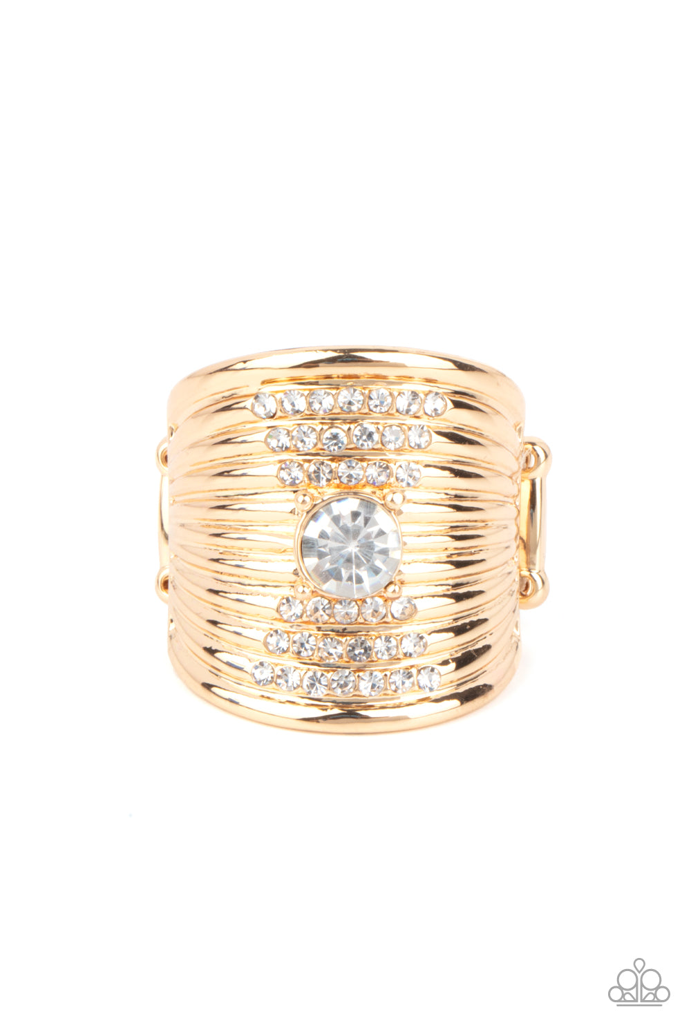 Ribbed with faux layered bands, a thick gold plate is encrusted in dainty white rhinestones. A solitaire white rhinestone embellishes the center, creating a sparkly statement piece atop the finger. Features a stretchy band for a flexible fit.  Sold as one individual ring.