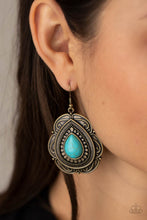 Load image into Gallery viewer, Dainty brass petals fan out from a refreshing teardrop turquoise stone center atop a backdrop of scalloped brass detail, creating a rustic frame. Earring attaches to a standard fishhook fitting.  Sold as one pair of earrings.