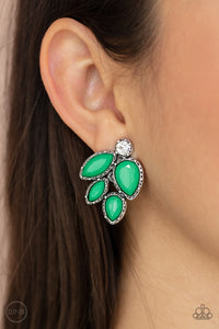 Featuring a dainty white rhinestone, faceted Mint teardrop and marquise beads are pressed into hammered silver fittings that coalesce into a leafy frame. Earring attaches to a standard clip-on fitting.  Sold as one pair of clip-on earrings.