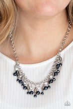 Load image into Gallery viewer, Bubbly blue pearls swing from the bottoms of glittery white rhinestones and studded silver frames that alternate along a chunky silver chain, creating a glamorous fringe below the collar. Features an adjustable clasp closure.  Sold as one individual necklace. Includes one pair of matching earrings.