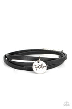 Load image into Gallery viewer, A hammered silver disc stamped in the word, &quot;Faith&quot; is threaded on a lengthened black leather cord that triple wraps around the wrist, creating a message of hope. Features an adjustable clasp closure.  Sold as one individual bracelet.