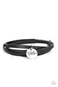 A hammered silver disc stamped in the word, "Faith" is threaded on a lengthened black leather cord that triple wraps around the wrist, creating a message of hope. Features an adjustable clasp closure.  Sold as one individual bracelet.