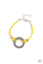 Load image into Gallery viewer, Infused with studded silver beads, yellow leathery cords knot around a silver ring stamped in the phrase, &quot;Choose Happy,&quot; creating a motivational centerpiece around the wrist. Features an adjustable clasp closure.  Sold as one individual bracelet.