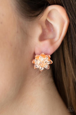 Layers of rose gold petals brushed in varying finishes burst forth in brilliant blooms creating an eye-catching three-dimensional shimmer. Earring attaches to a standard post fitting.  Sold as one pair of post earrings.