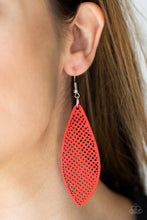 Load image into Gallery viewer, In an asymmetrical surfboard-like shape, lightweight wooden frames are painted in a vibrant red finish and filled with a screen-like pattern creating a whimsically beachy design. Earring attaches to a standard fishhook fitting.  Sold as one pair of earrings.