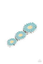Load image into Gallery viewer, A trio of brightly colored light turquoise daisies with pale yellow centers create a refreshing whimsical nod to spring. Features a standard hair clip on the back.  Sold as one individual hair clip.