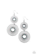 Load image into Gallery viewer, Airy silver petals infinitely overlap into two dizzying silver floral medallions. Rings of dainty multicolored rhinestones adorn the center, adding a dash of dazzle. Earring attaches to a standard fishhook fitting.  Sold as one pair of earrings.