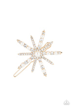 Load image into Gallery viewer, Featuring a dainty pearl drop center, a bubbly collection of dainty pearls and glassy white rhinestones encrust the front of a gold star shaped frame for a stellar finish. Features a clamp barrette closure.  Sold as one individual barrette.