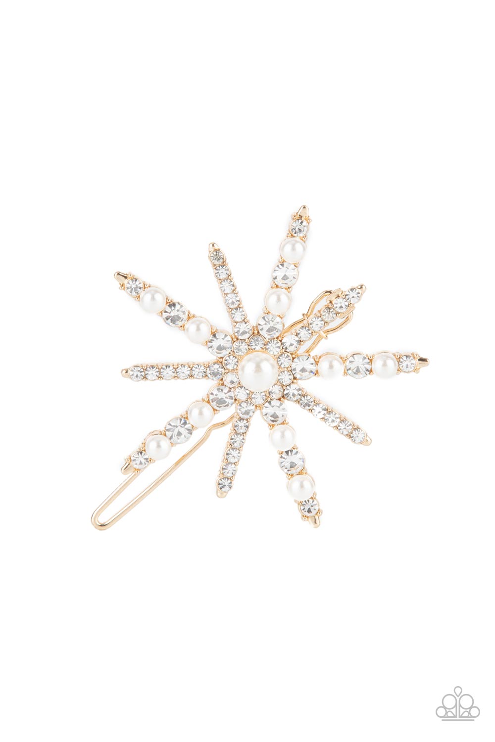 Featuring a dainty pearl drop center, a bubbly collection of dainty pearls and glassy white rhinestones encrust the front of a gold star shaped frame for a stellar finish. Features a clamp barrette closure.  Sold as one individual barrette.