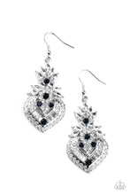 Load image into Gallery viewer, Dotted with dainty blue rhinestones, a series of round, marquise, and emerald cut white rhinestones stack into the decorative frame for a dramatic finish. Earring attaches to a standard fishhook fitting.  Sold as one pair of earrings.