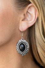 Load image into Gallery viewer, Rustic silver petals fan out from an oval black stone center, creating an earthy floral frame. Earring attaches to a standard fishhook fitting.  Sold as one pair of earrings.