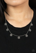 Load image into Gallery viewer, Whimsical antiqued silver floral medallions, dotted with dainty light rose rhinestone centers, dangle from a petite silver chain resulting in a charming allure below the collar. Features an adjustable clasp closure.  Sold as one individual necklace. Includes one pair of matching earrings.