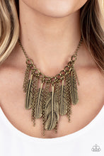 Load image into Gallery viewer, Infused with lifelike textures, an oversized assortment of brass feathers alternate with free-falling brass chains along a chunky section of brass chain, creating a free-spirited fringe. Features an adjustable clasp closure.  Sold as one individual necklace. Includes one pair of matching earrings.