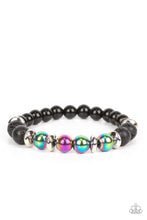 Load image into Gallery viewer, Infused with a section of polished black beads, a stellar assortment of oil spill beads, silver accents, and black lava rock beads are threaded along stretchy bands around the wrist for an urban flair.  Sold as one individual bracelet.