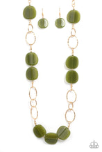Load image into Gallery viewer, An oversized collection of Olive Branch acrylic accents adorn sections of oversized textured gold links, resulting in a refined pop of color across the chest. Features an adjustable clasp closure.  Sold as one individual necklace. Includes one pair of matching earrings.