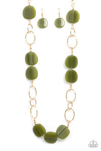 An oversized collection of Olive Branch acrylic accents adorn sections of oversized textured gold links, resulting in a refined pop of color across the chest. Features an adjustable clasp closure.  Sold as one individual necklace. Includes one pair of matching earrings.