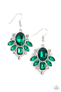 A regal green gem makes a sparkling centerpiece amidst a glitzy fringe of marquise and emerald cut green rhinestones resulting in a timeless lure. Earring attaches to a standard fishhook fitting.  Sold as one pair of earrings.