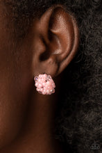 Load image into Gallery viewer, The front of a dainty silver frame is embellished in pearly pink seed beads and pink crystal-like accents, creating a bubbly pop of color. Earring attaches to a standard post fitting.  Sold as one pair of post earrings.