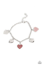 Load image into Gallery viewer, Shiny silver heart charms delicately alternate with white, red, and pink rhinestone encrusted heart frames along a silver chain around the wrist, resulting in a flirtatious fringe. Features an adjustable clasp closure.  Sold as one individual bracelet.