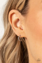 Load image into Gallery viewer, A shiny silver bar curves into a classic hoop, creating a dainty peek of shimmer. Earring attaches to a standard post fitting. Hoop measures approximately 1/2&quot; in diameter.  Sold as one pair of hoop earrings.