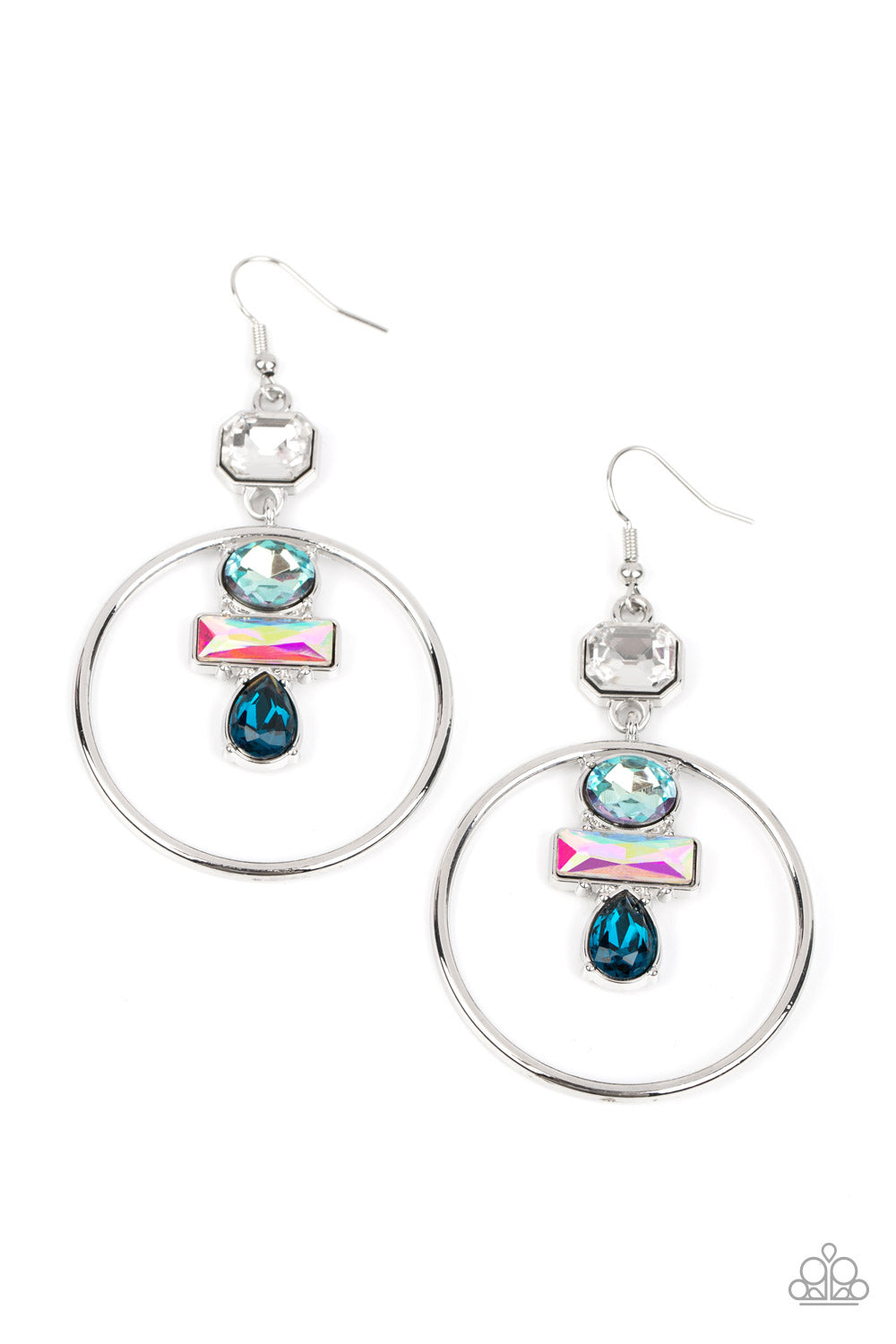 Geometric Glam Blue Iridescent Rhinestone Earrings - Paparazzi Accessories